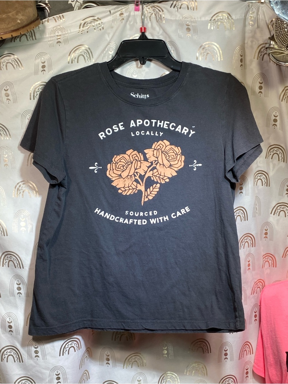 Schitts Rose Apothecary Black Tee with Peach Rose Graphic